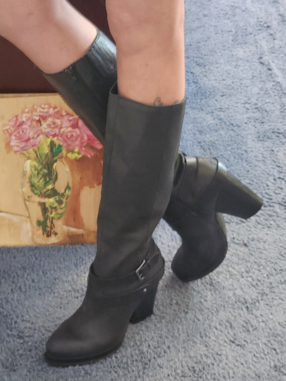 Seychelles Tall Black Leather Harness Lug Heel Boots, 10